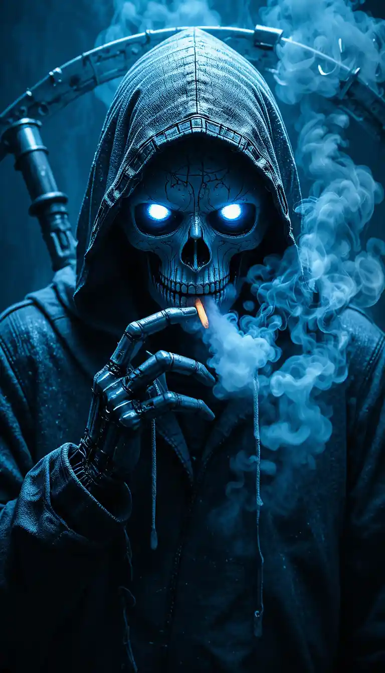 Mechanical grim reaper in hoodie with cigarette and scythe