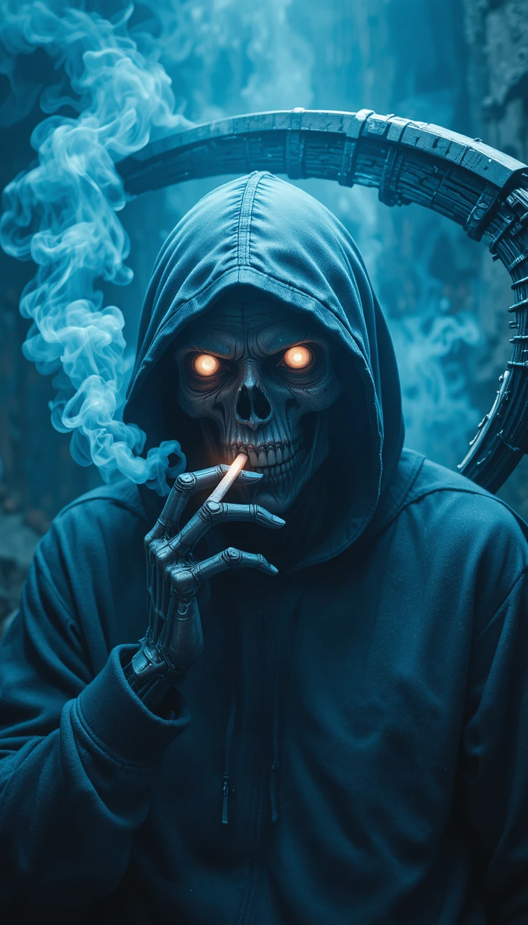 Ceifador mecânico de moletom com cigarro e foice