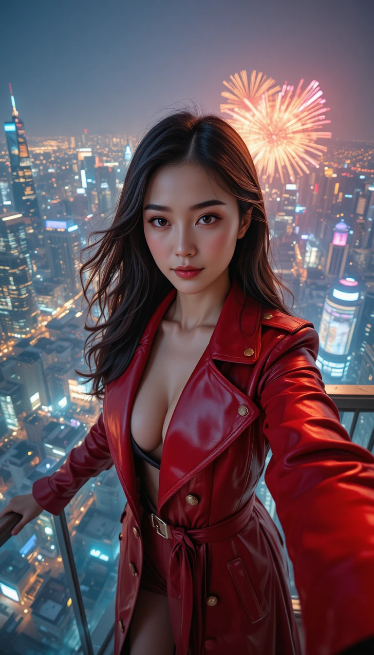 Agent coréenne en manteau rouge prenant un selfie au-dessus des feux d’artifice de la ville