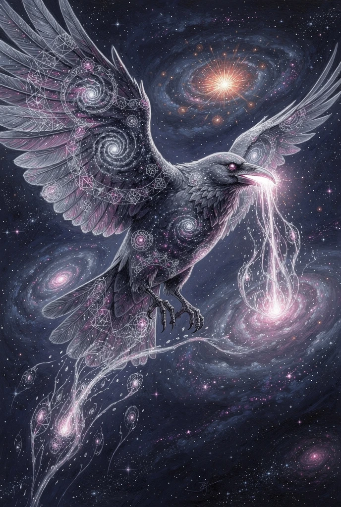 Espírito de Corvo Transcendente Dissolvendo em Luz Estelar Líquida