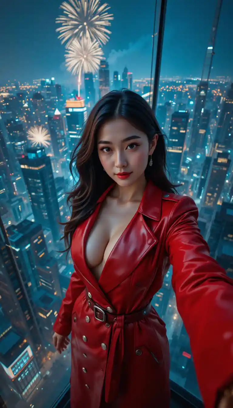 스타일리시한 한국인 요원이 밤 도시를 배경으로 셀카 촬영