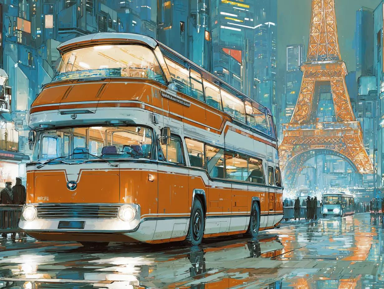Bus rétro-futuriste à Paris glissant dans des rues néon