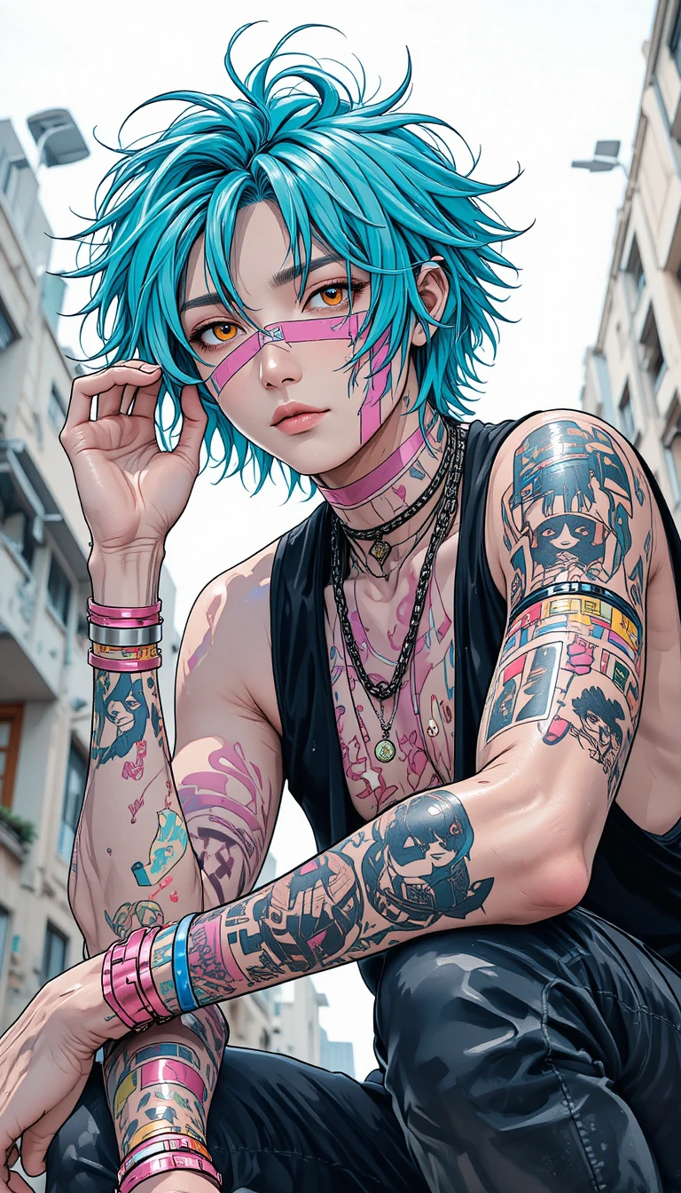 Anime decora boy with cyan hair and urban punk accessories