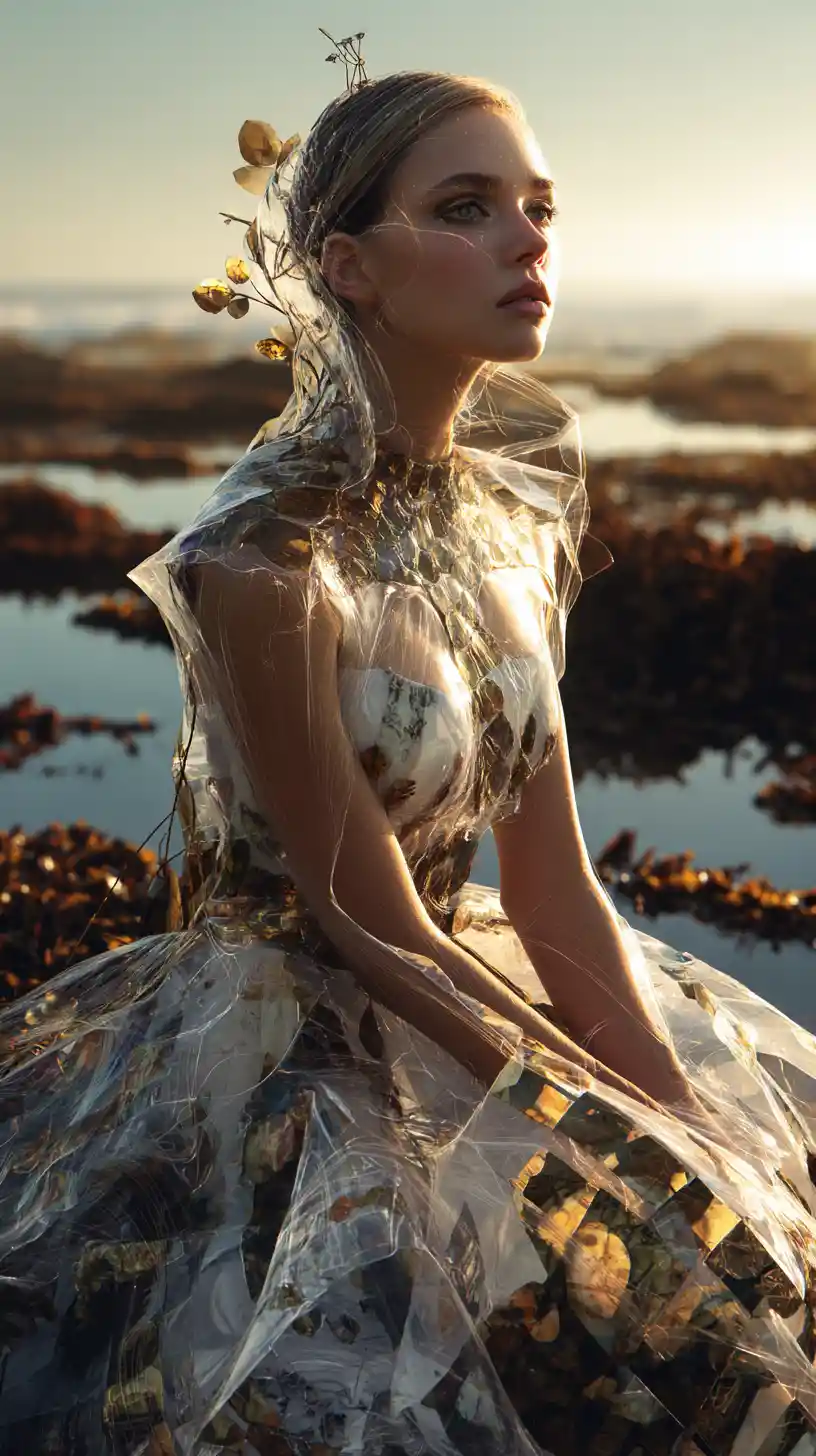 Donna fashion surreale con abito esoscheletrico in una pozza di marea
