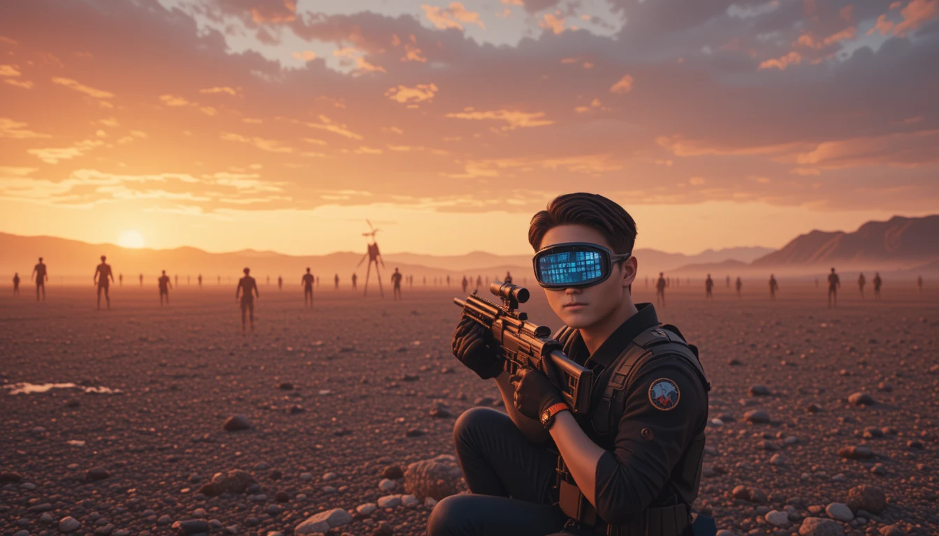 Tireur d'élite sur un stand de tir en gravier high-tech au coucher du soleil