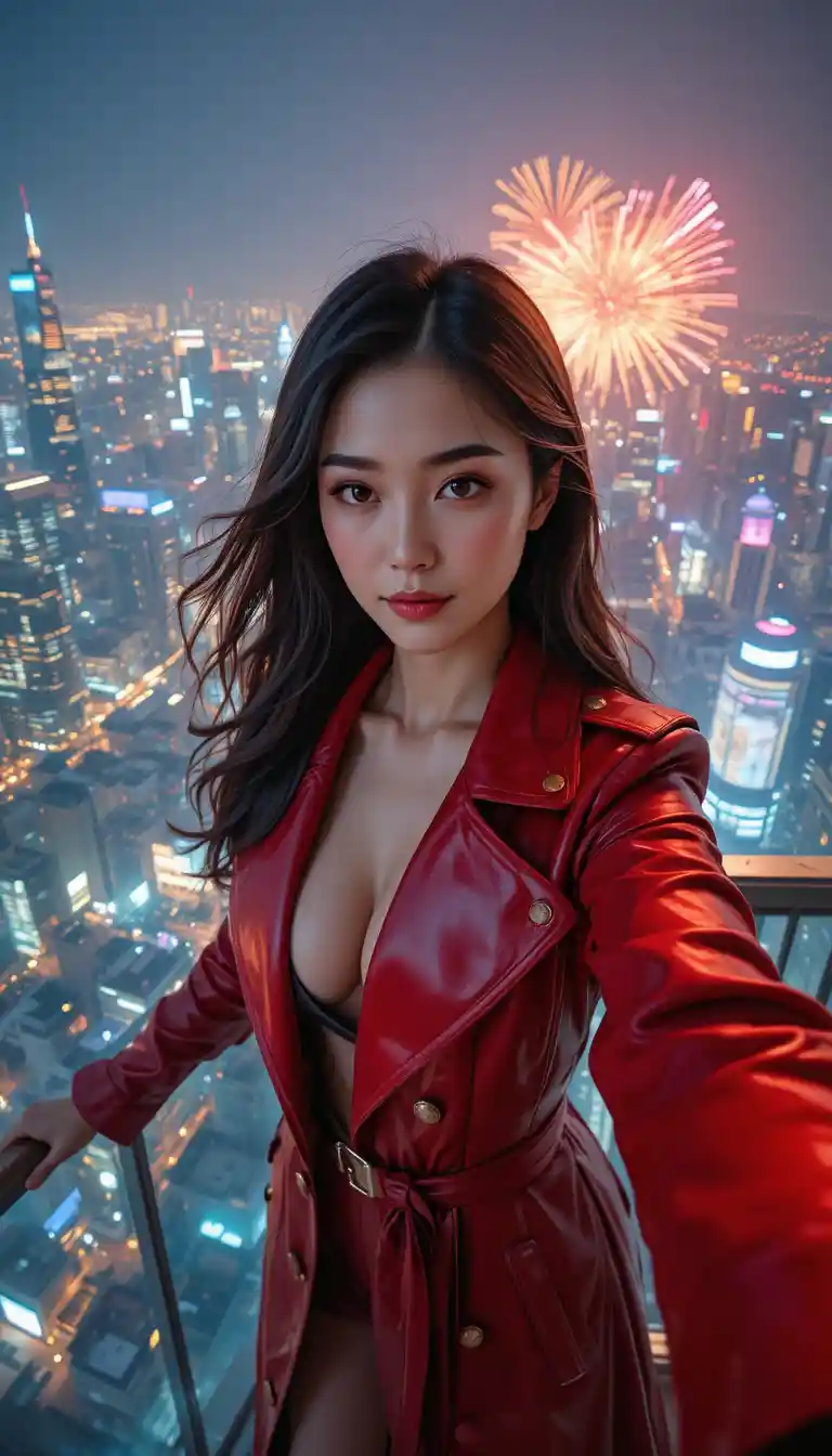Agent coréenne en manteau rouge prenant un selfie au-dessus des feux d’artifice de la ville