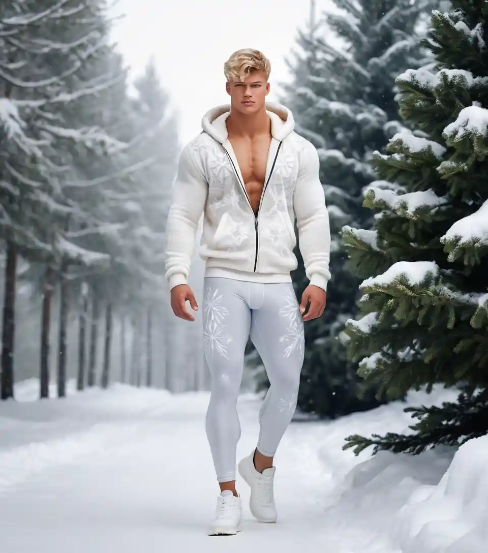 Giovane uomo con leggings invernali che cammina su un sentiero innevato