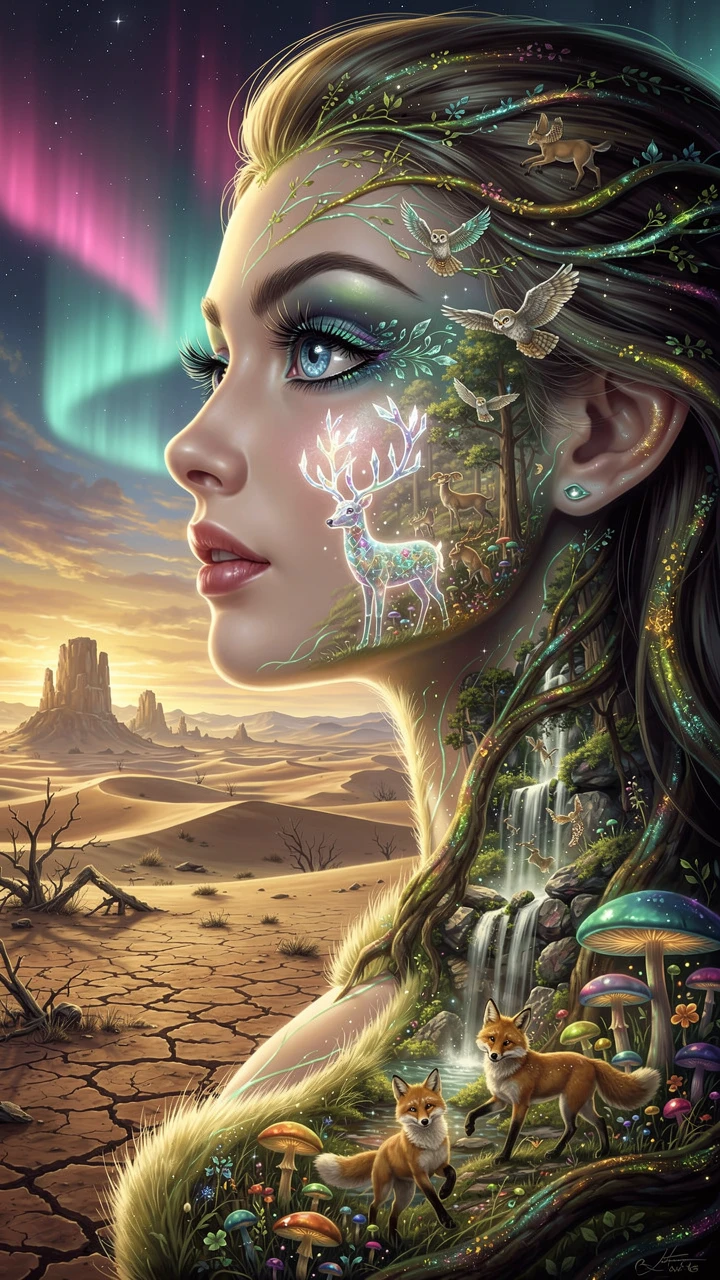 Portrait surréaliste de profil d’une femme éthérée au crépuscule du désert
