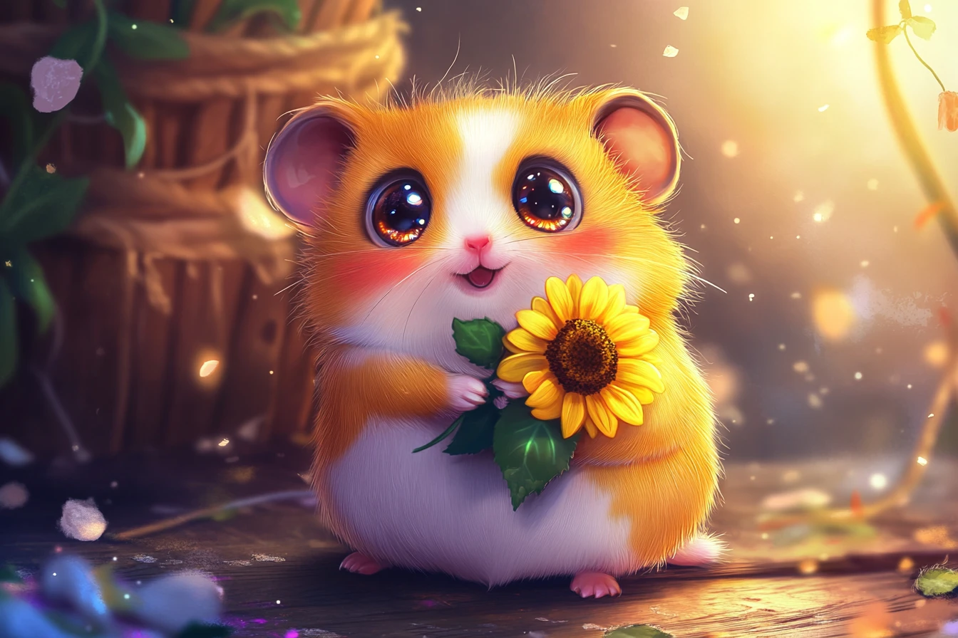 Adorable hamster nain tenant un petit bouquet de tournesols