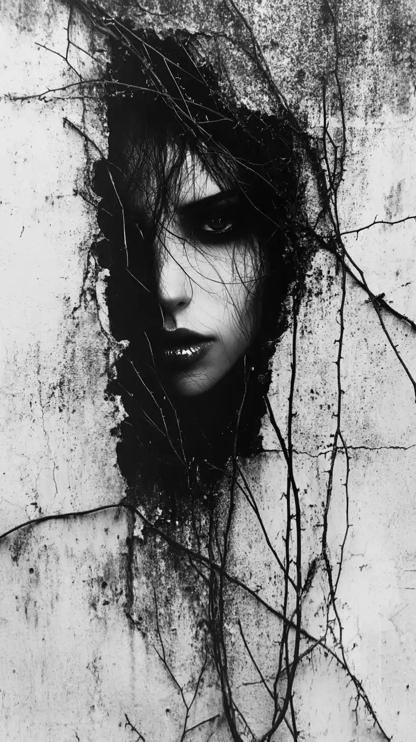 Ethereal woman emerging from a decaying concrete wall