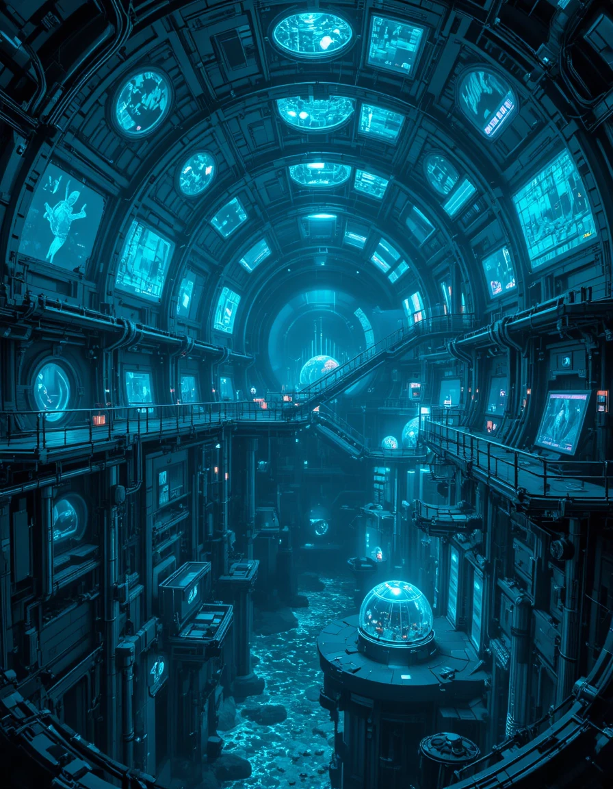 Futuristische Unterwasserbasis mit neonbeleuchteten Glaskuppeln