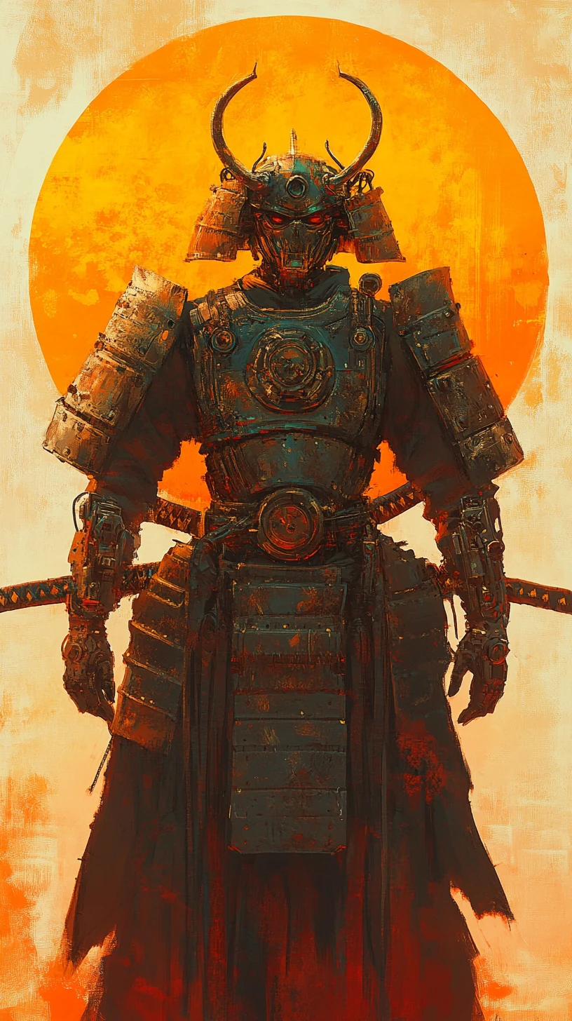 Guardião samurai mecânico diante de um pôr do sol radiante