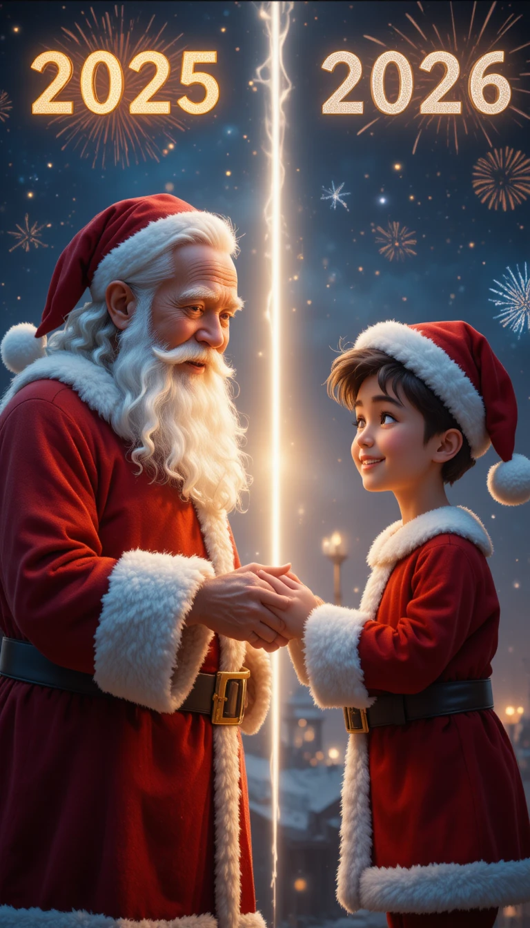 Papai Noel cumprimentando um menino sob o céu noturno festivo