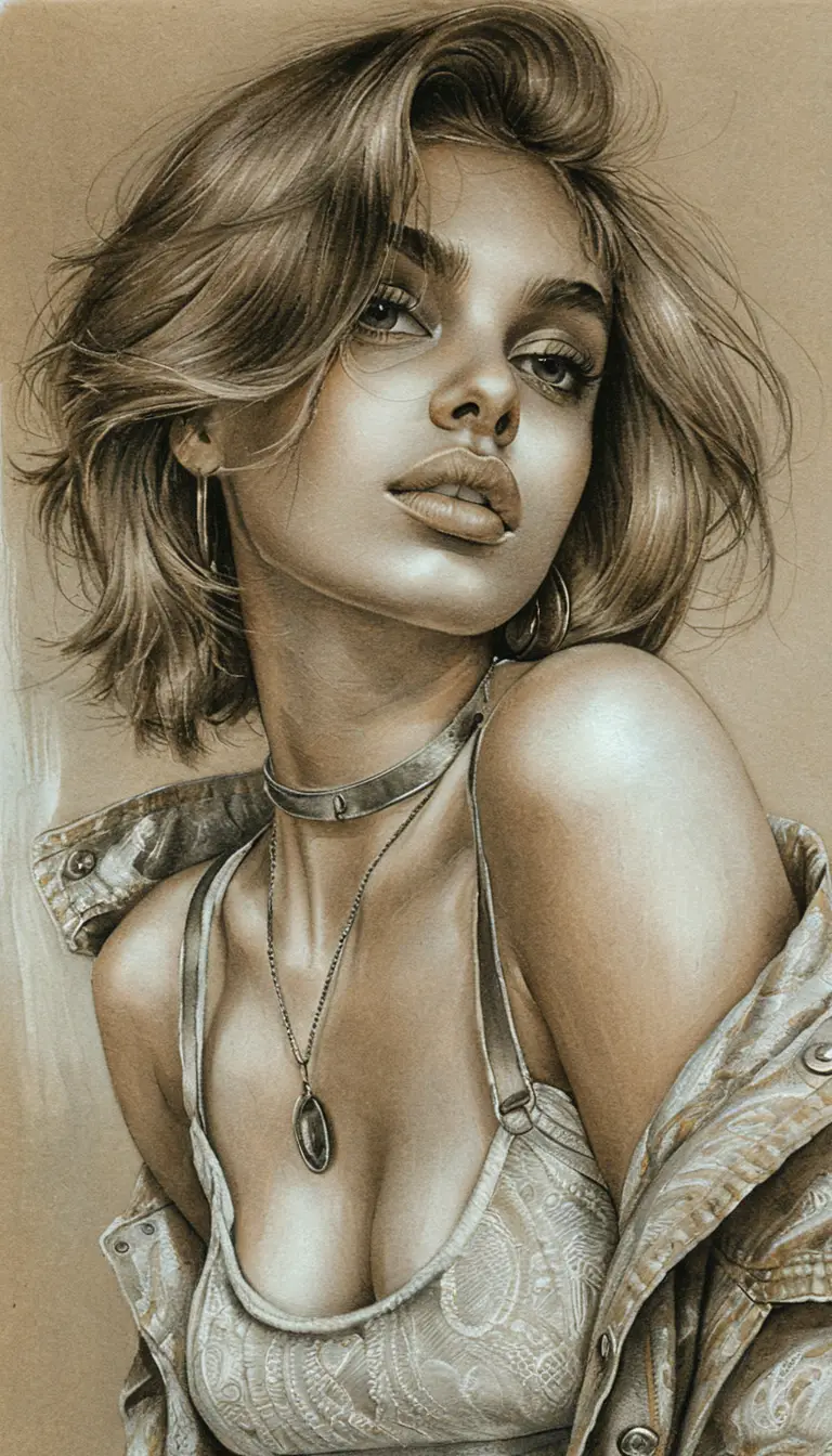 Sensual graphite portrait of a young woman in denim jacket