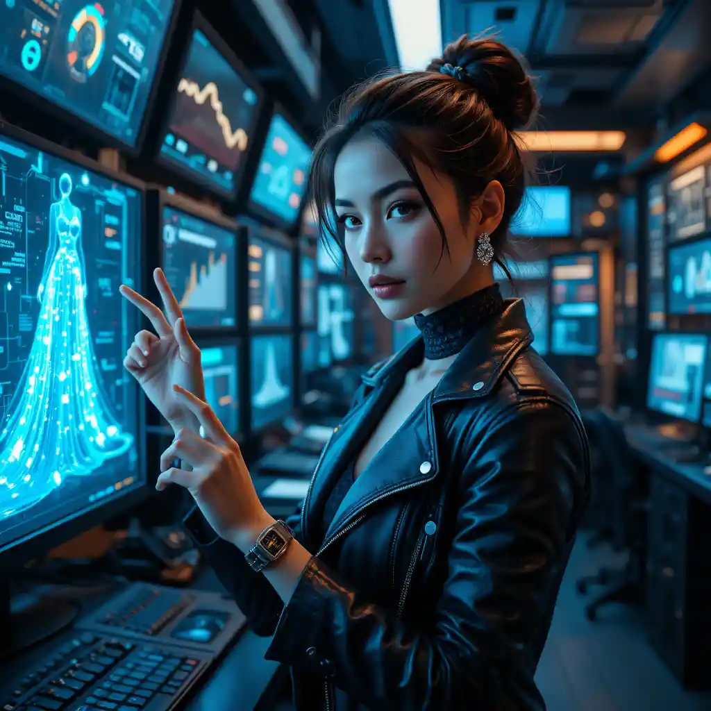 Focused woman in tech noir control room with hologram