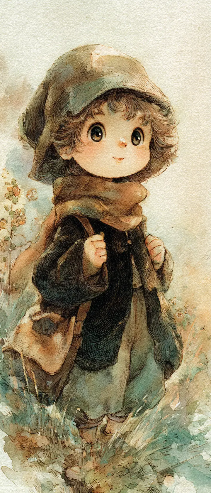 柔和草地中的溫柔孩童角色插畫