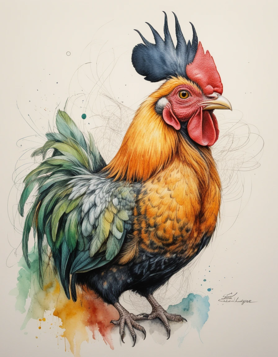 Galo melancólico caminhando orgulhoso em ilustração em tinta e aquarela