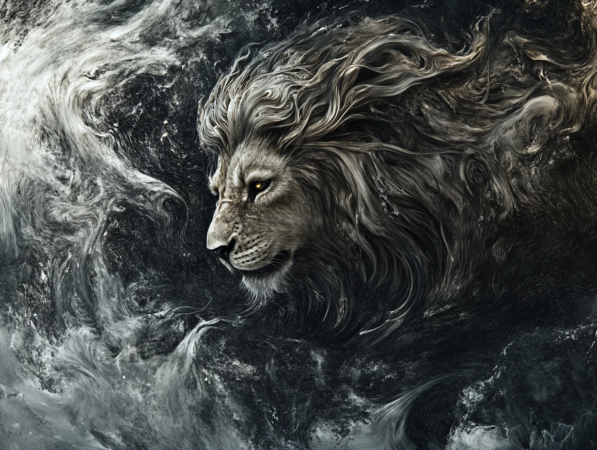 Ferocious lion hunting with a dark possessed expression