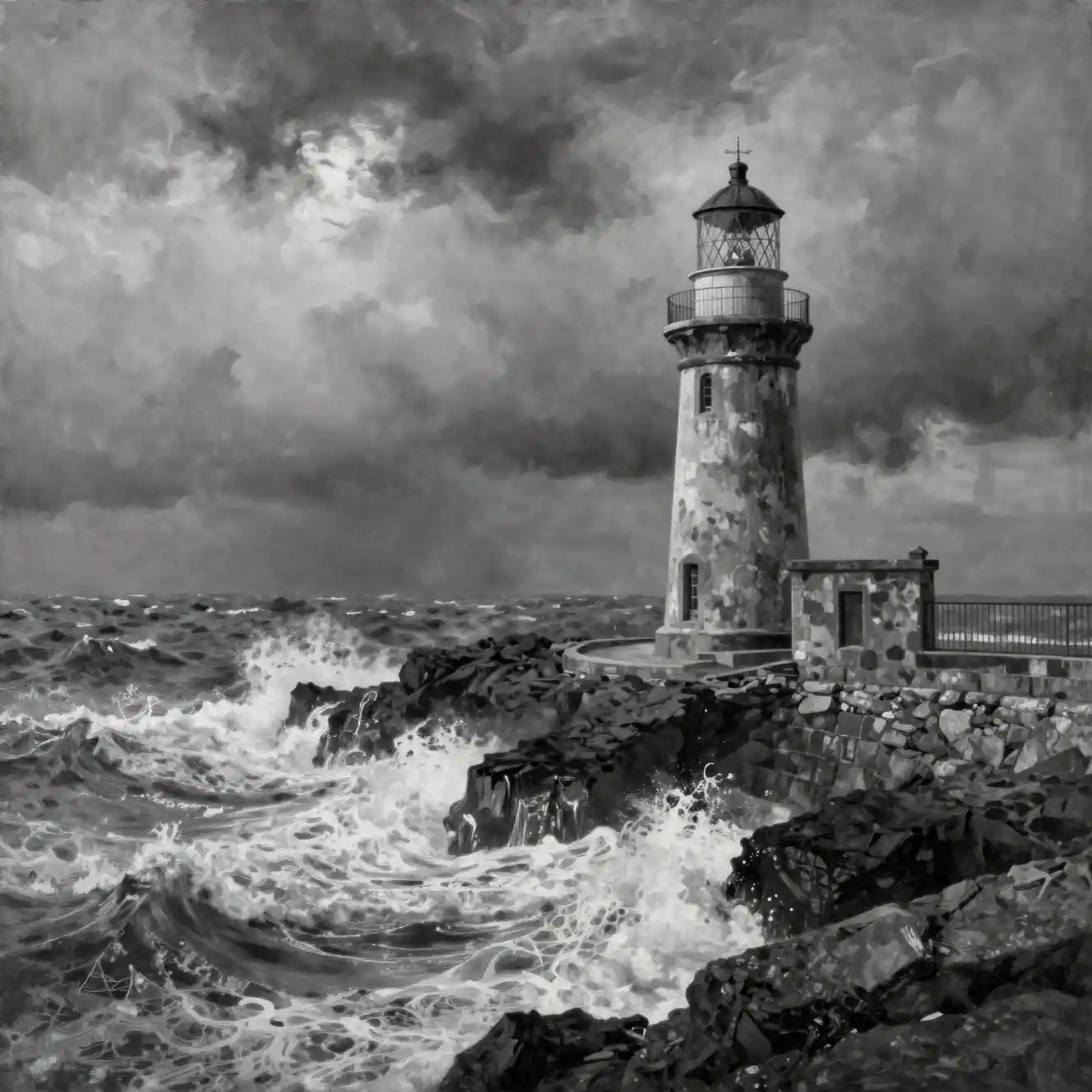 Peinture à l’huile d’un phare sur mer orageuse et côte rocheuse