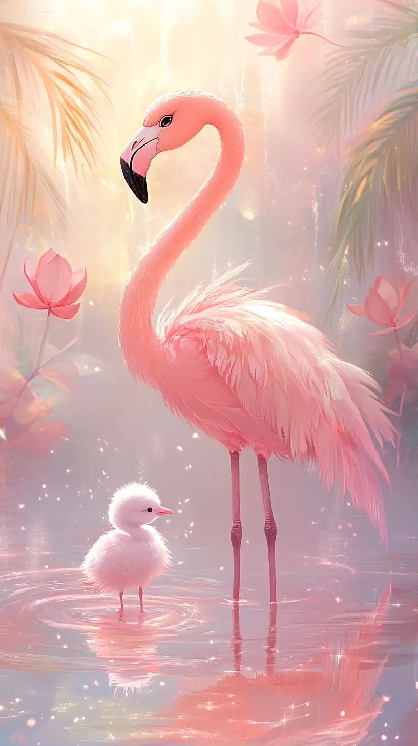 Kawaii-Flamingo-Mutter, die ihr Küken in einer traumhaften Lagune schützt