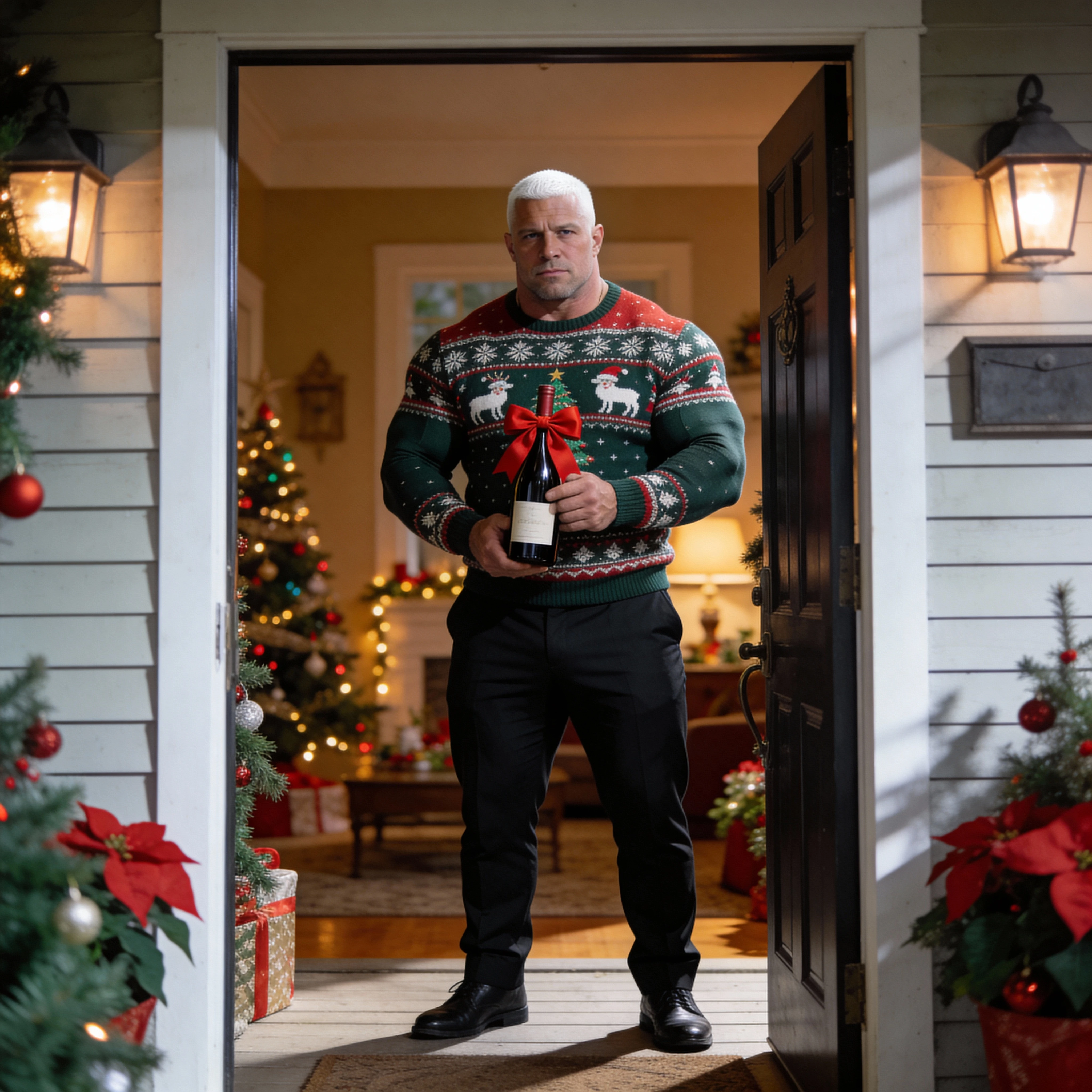 Homem musculoso na porta de Natal segurando garrafa de vinho de presente