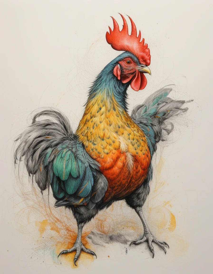 Galo melancólico caminhando orgulhosamente em ilustração a tinta