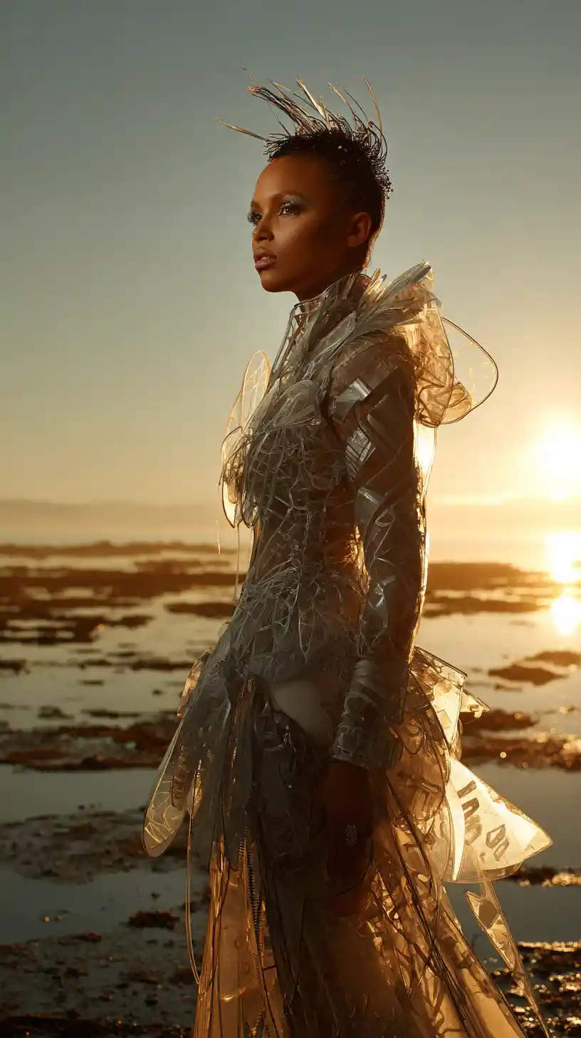 Futuristische Couture-Frau in einem Gezeitenbecken bei goldener Stunde