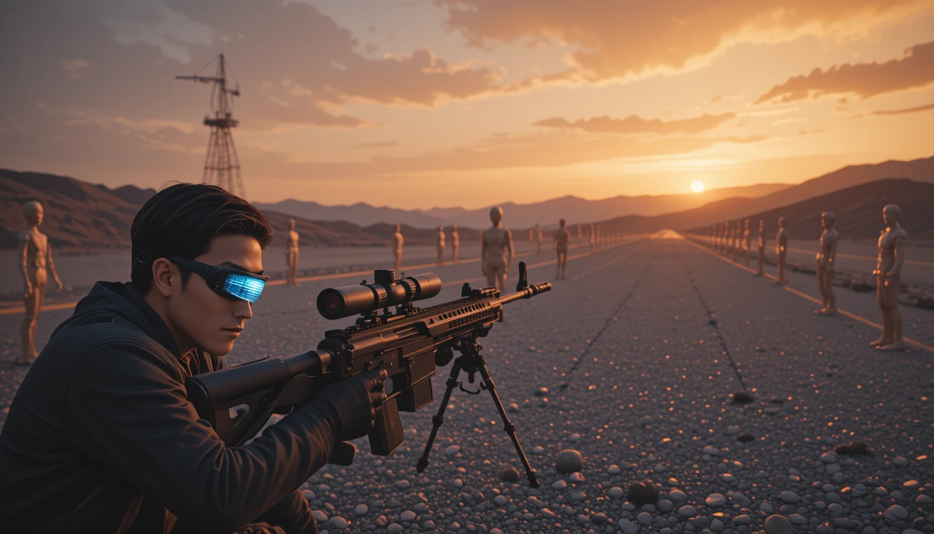 Sniper sur Stand de Tir Futuriste en Gravier au Coucher du Soleil – Vue Large