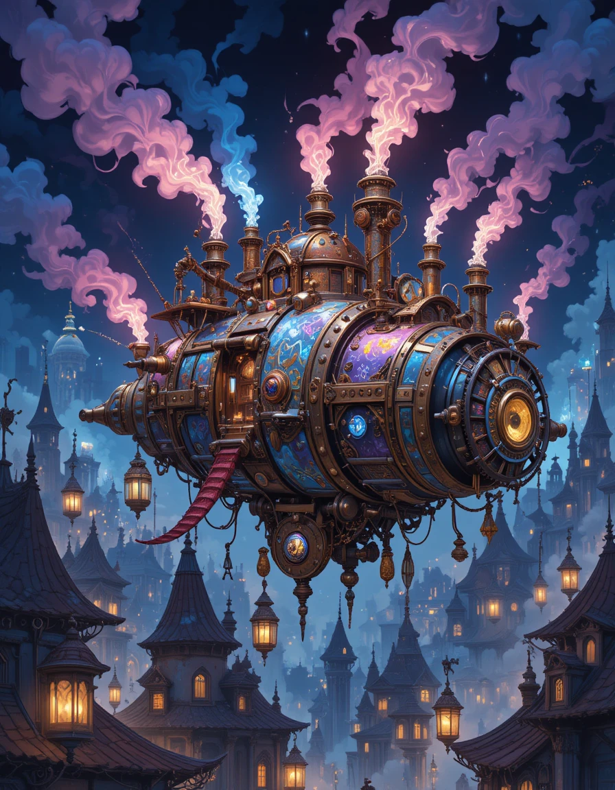 Dirigível steampunk voando por uma cidade flutuante brilhante