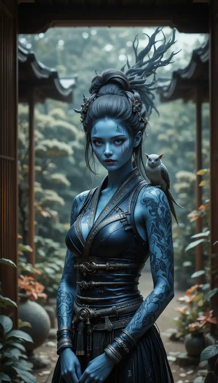 Serene blue skinned samurai woman in a Japanese garden