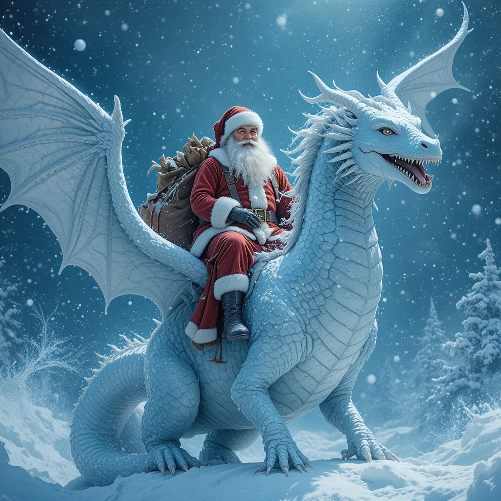 Père Noël chevauchant un dragon de neige dans une tempête hivernale