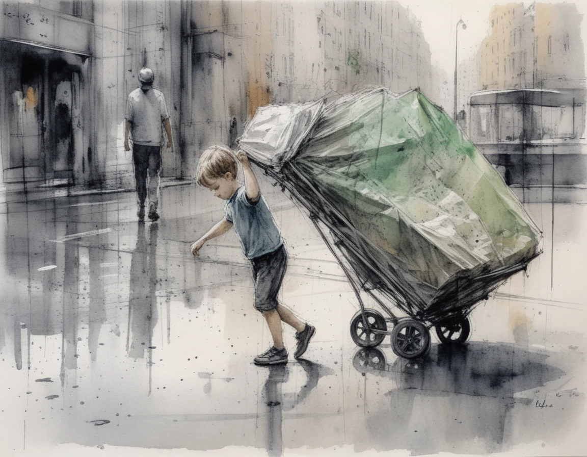 Watercolor street scene with child pushing a heavy cart