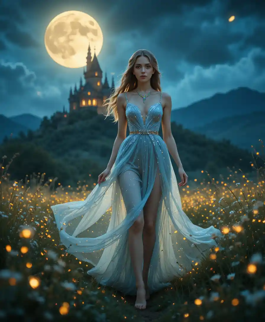 Ethereal woman in blue gown walking through moonlit meadow
