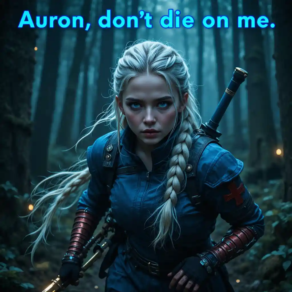 White haired girl with metal arm running in dark forest