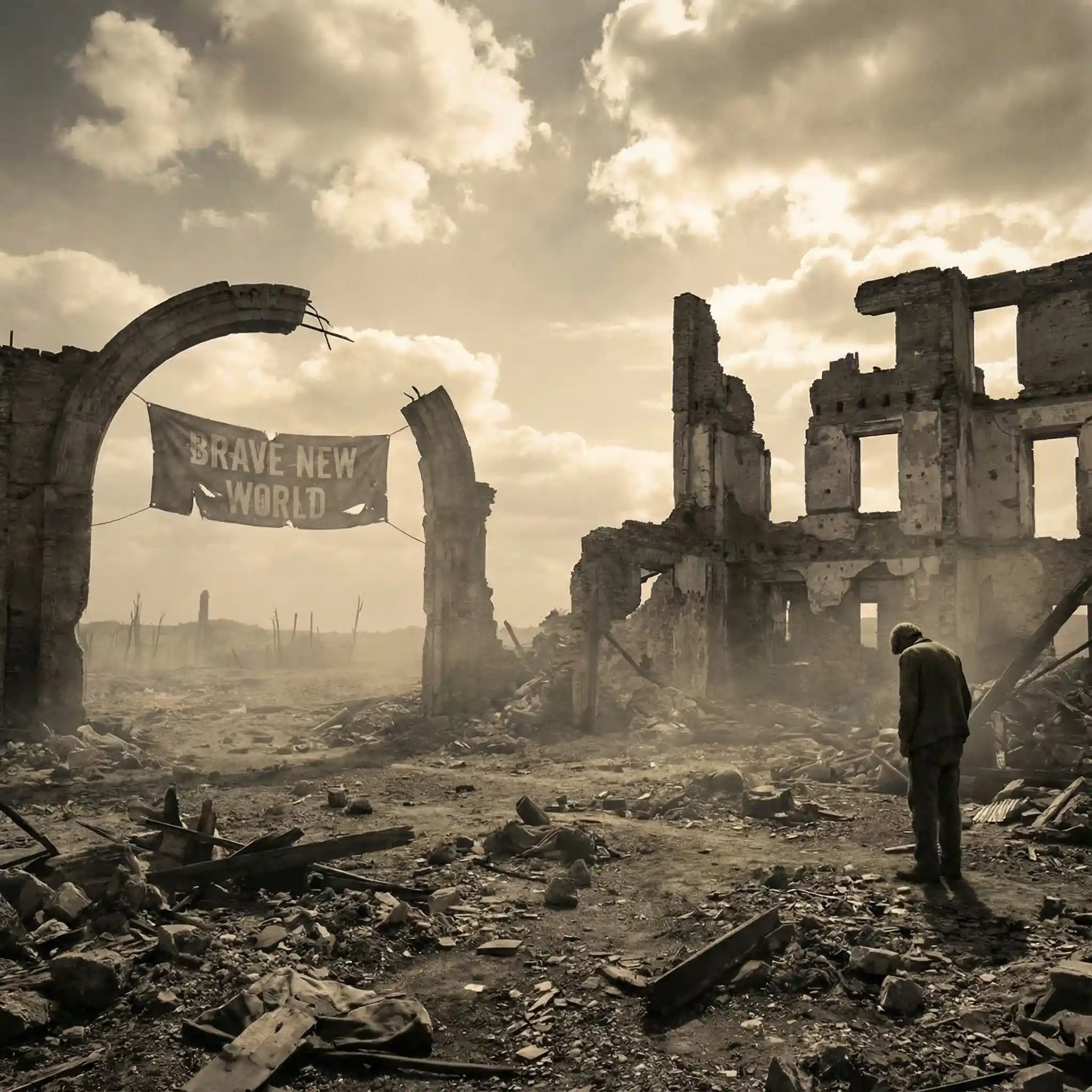 Clear blue sky above a world scarred by distant war