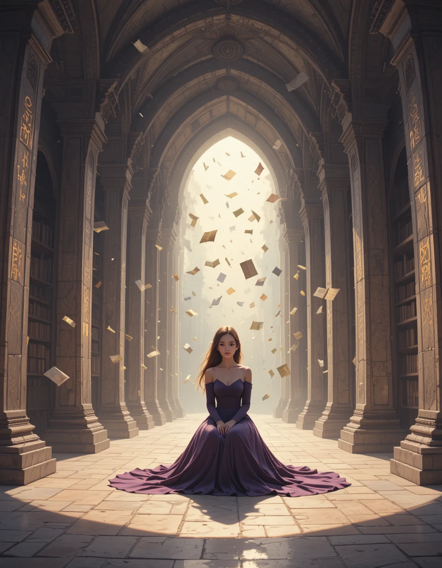 Elf girl in an ancient open air fantasy library