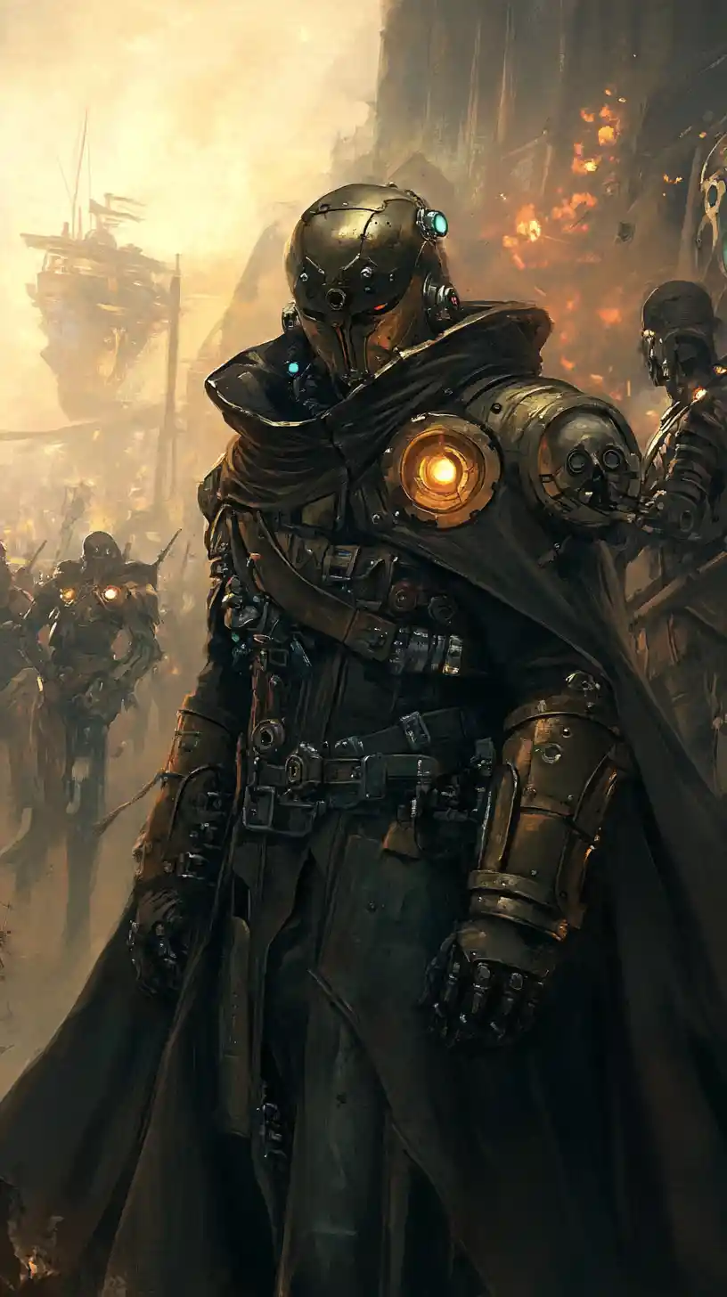 Steampunk fantasy warriors in mechanical armor under soft light