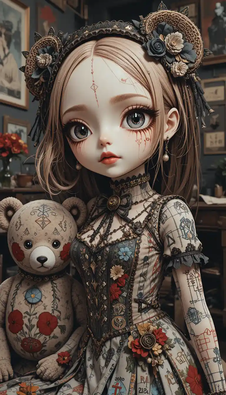 Anime ragdoll girl with stitched face in dark studio