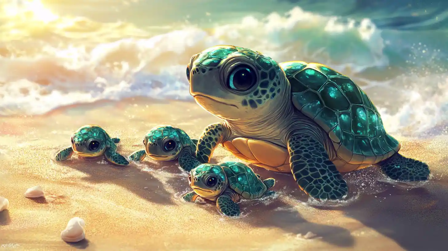 Adorable maman tortue guidant ses bébés sur une plage dorée