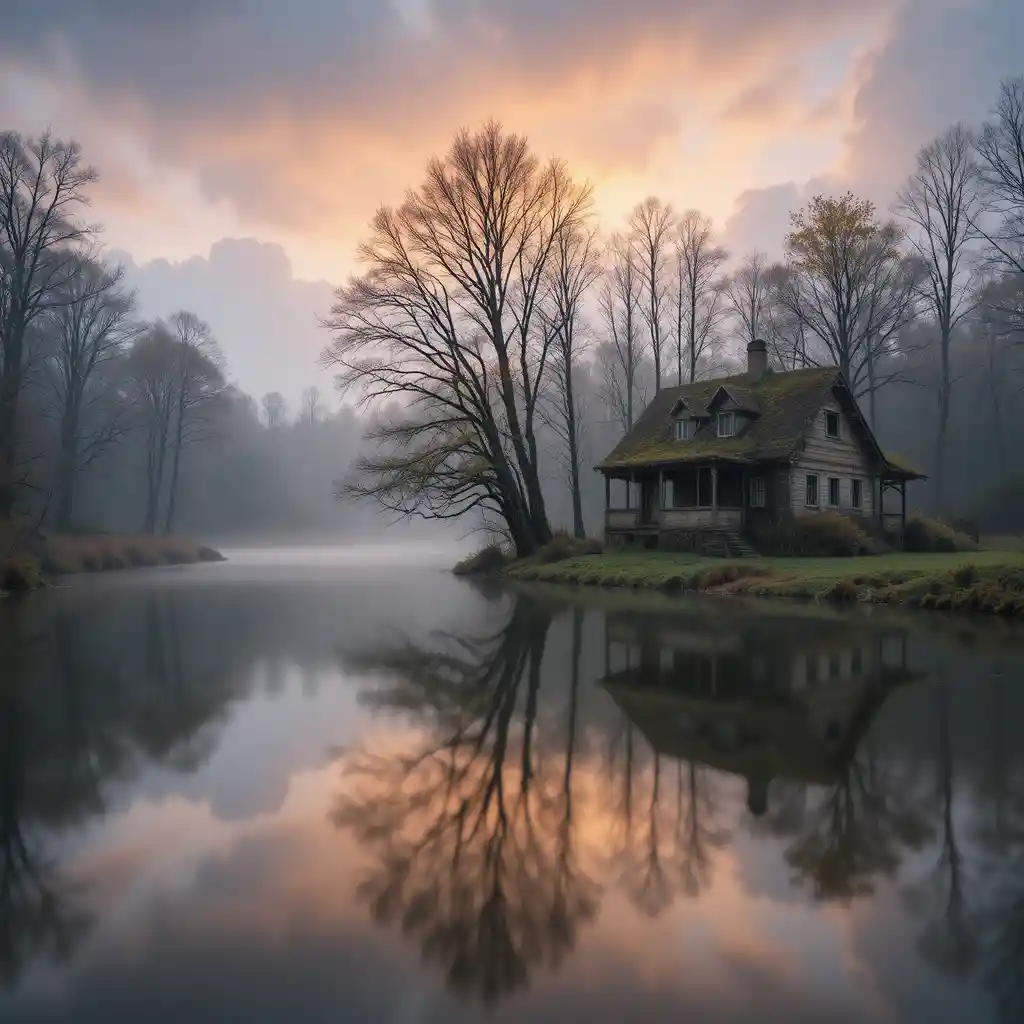 Rio sedoso na floresta ao pôr do sol ao lado de uma casa abandonada