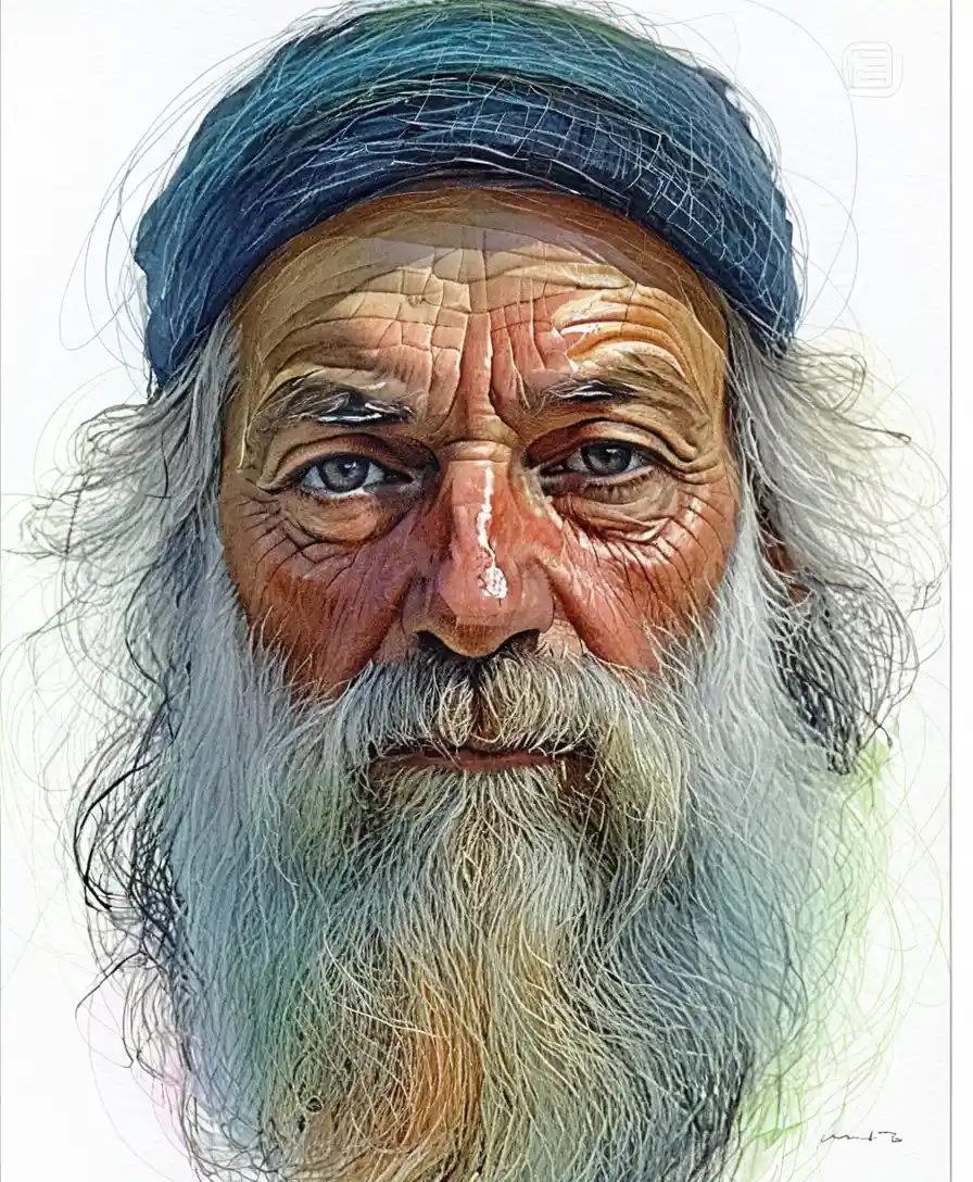 青い帽子をかぶったひげの老人のインクと水彩画ポートレート