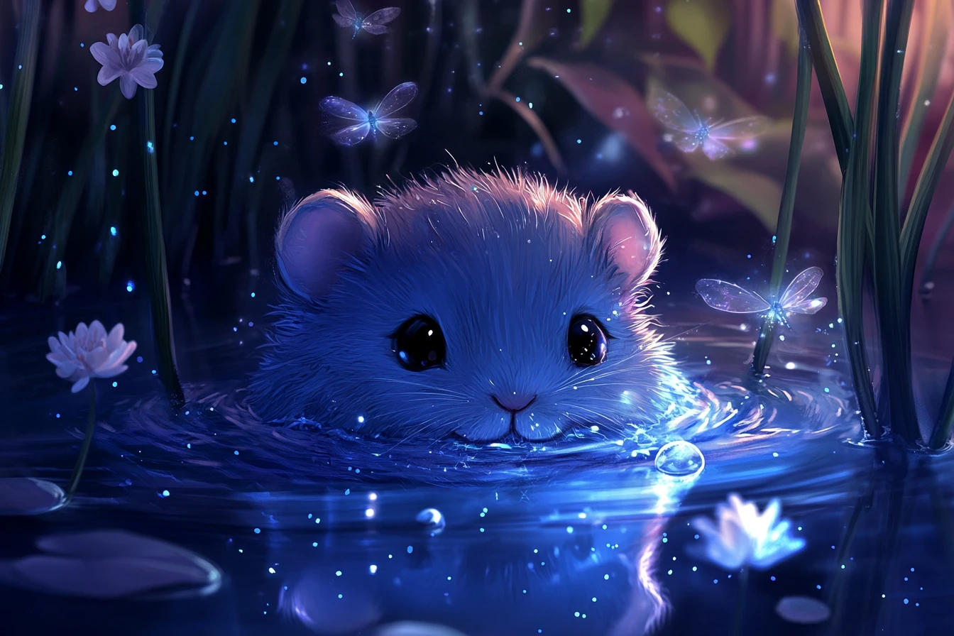 Cute chibi water vole gliding through a magical riverbank