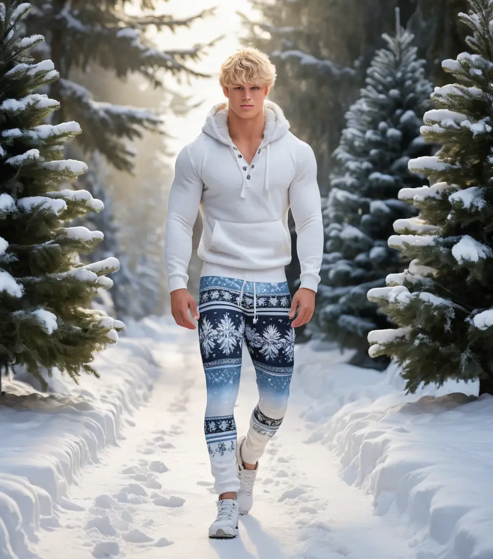 Jeune homme blond en leggings d’hiver marchant sur un sentier enneigé