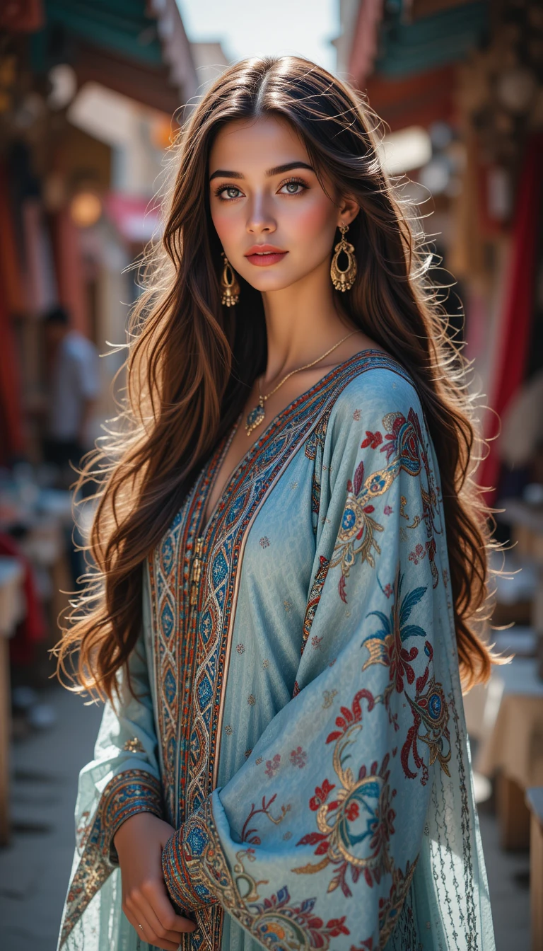 Élégante femme marocaine en tenue traditionnelle dans un souk de la ville