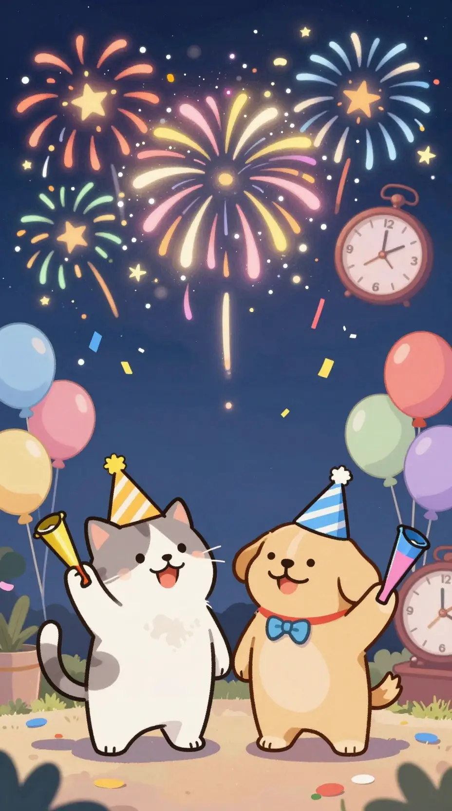 開心的貓和狗欣賞繽紛的新年煙火
