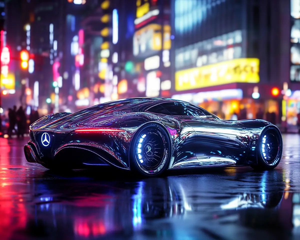 Luxusauto auf neonbeleuchteter Stadtstraße bei Nacht