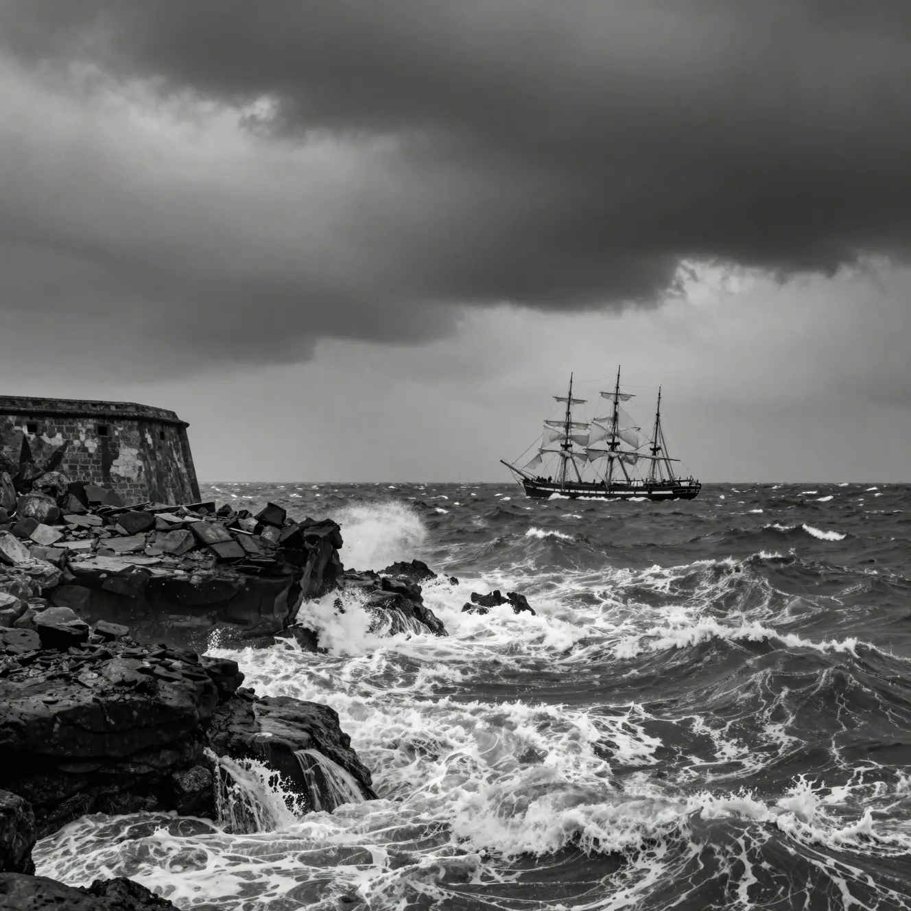 Barco de vela histórico en mar tormentoso junto a una costa rocosa