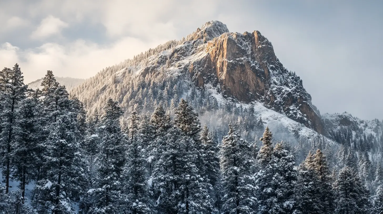 被白雪覆蓋的高山與霜凍常綠樹的冬季景觀
