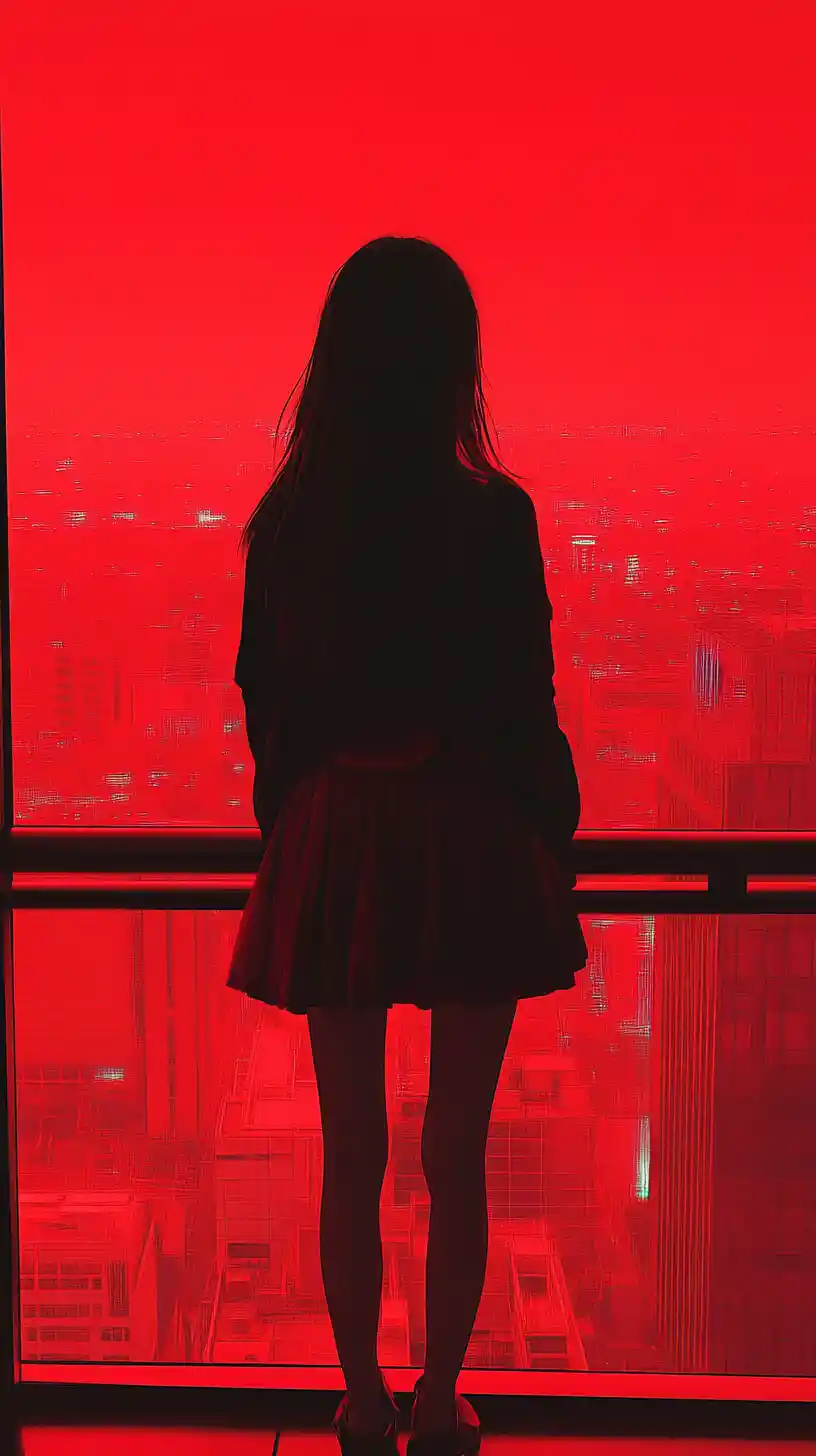 Mädchen auf einem Balkon in einer rot getönten Stadtszene