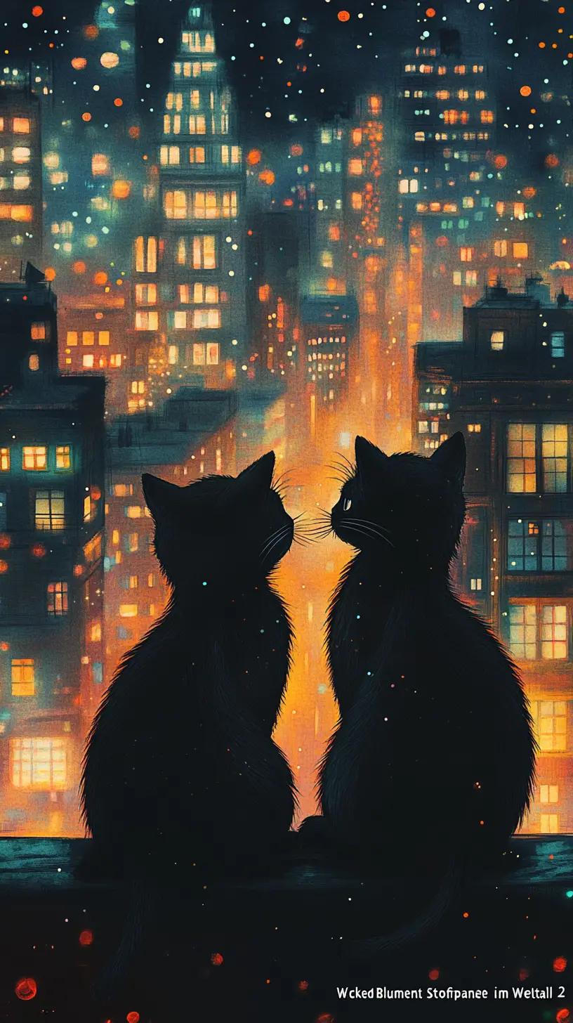 Due gatti neri in un paesaggio urbano notturno colorato e da sogno
